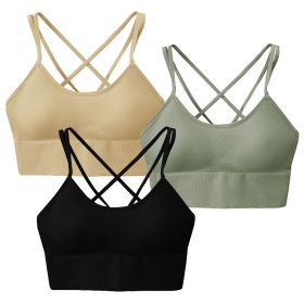 3Packs Women Cross Back Sport Bras Padded Strappy Medium Support Bras Sexy Fitness Tank Tops with Removable Pads for Gym Yoga Workout Running (Option: GN_BK_BGE_M)
