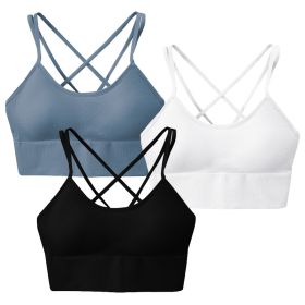 3Packs Women Cross Back Sport Bras Padded Strappy Medium Support Bras Sexy Fitness Tank Tops with Removable Pads for Gym Yoga Workout Running (Option: BK_WH_BU_L)
