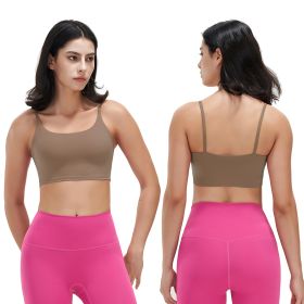 Women Strap Sport Bras Padded Strappy Crop Square Neck Low Impact Bras Sexy Fitness Tank Tops with Removable Pads Flat Straps for Gym Yoga Workout (Option: Brown_L)