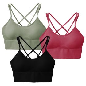 3Packs Women Cross Back Sport Bras Padded Strappy Medium Support Bras Sexy Fitness Tank Tops with Removable Pads for Gym Yoga Workout Running (Option: GN_RD_BK_L)