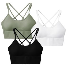 3Packs Women Cross Back Sport Bras Padded Strappy Medium Support Bras Sexy Fitness Tank Tops with Removable Pads for Gym Yoga Workout Running (Option: GN_BK_WH_XL)